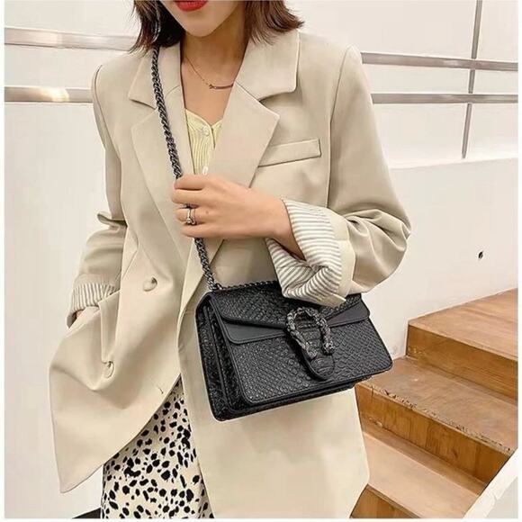 Valentino Garavani Black Snakeskin Embossed Mini VSling Bag  Black Snakeskin Embossed Designer Shoulder Bag with Chain